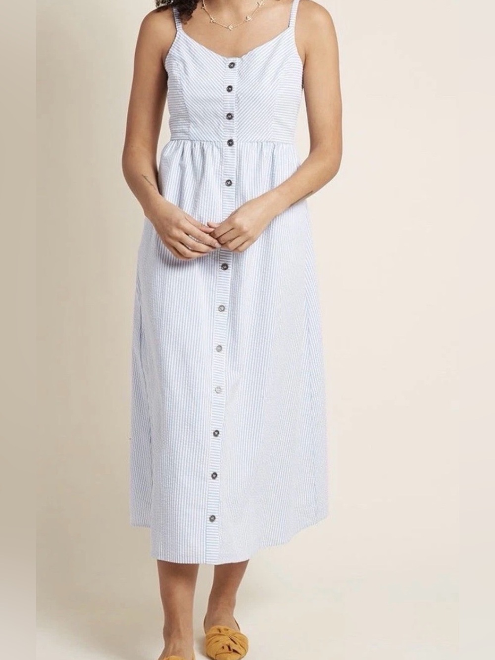 MODCLOTH Quite Clearly Charismatic MIDI Dress Stripe Blue Seersucker Dress XL